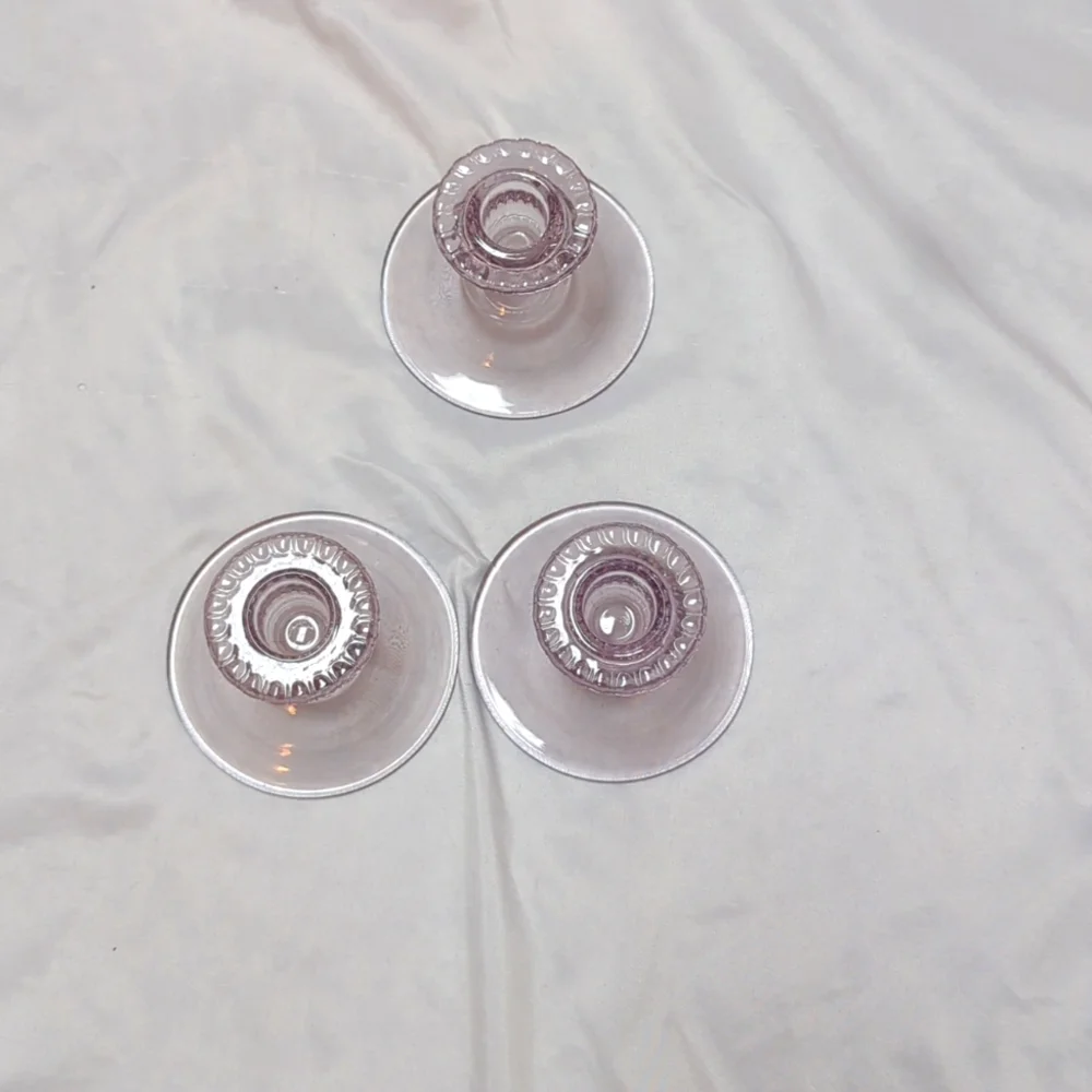 Set of 3 Pressed Glass Lavender Melon Tapered Candle Holders 3